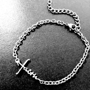 Faith Cursive Script Cross Christian Bless Silver Stainless Steel Chain Bracelet